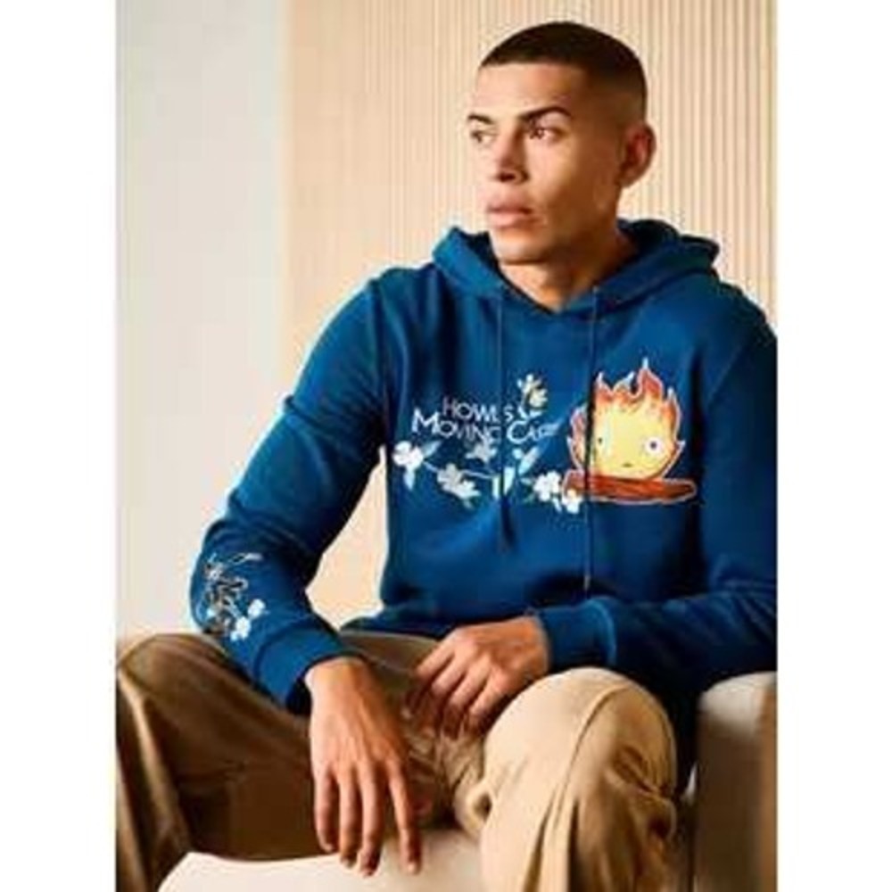 Studio Ghibli Howls Moving Castle Calcifer Hoodie Teal Blue Unisex Large